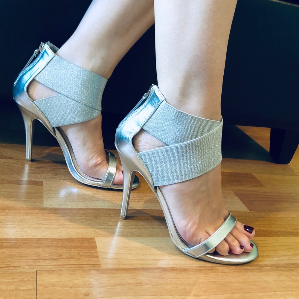 Anne Michelle Strappy Silver Heels. Never Worn.
